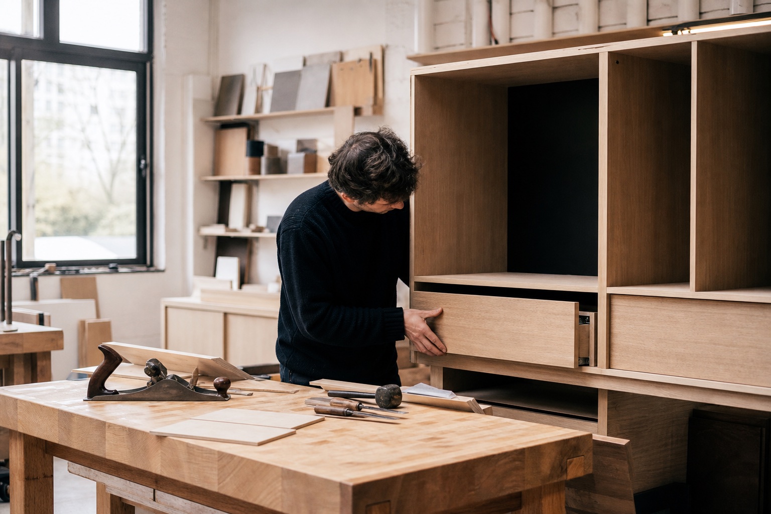 Handen van een vakman die een meubelonderdeel bijwerkt in een schrijnwerkerij