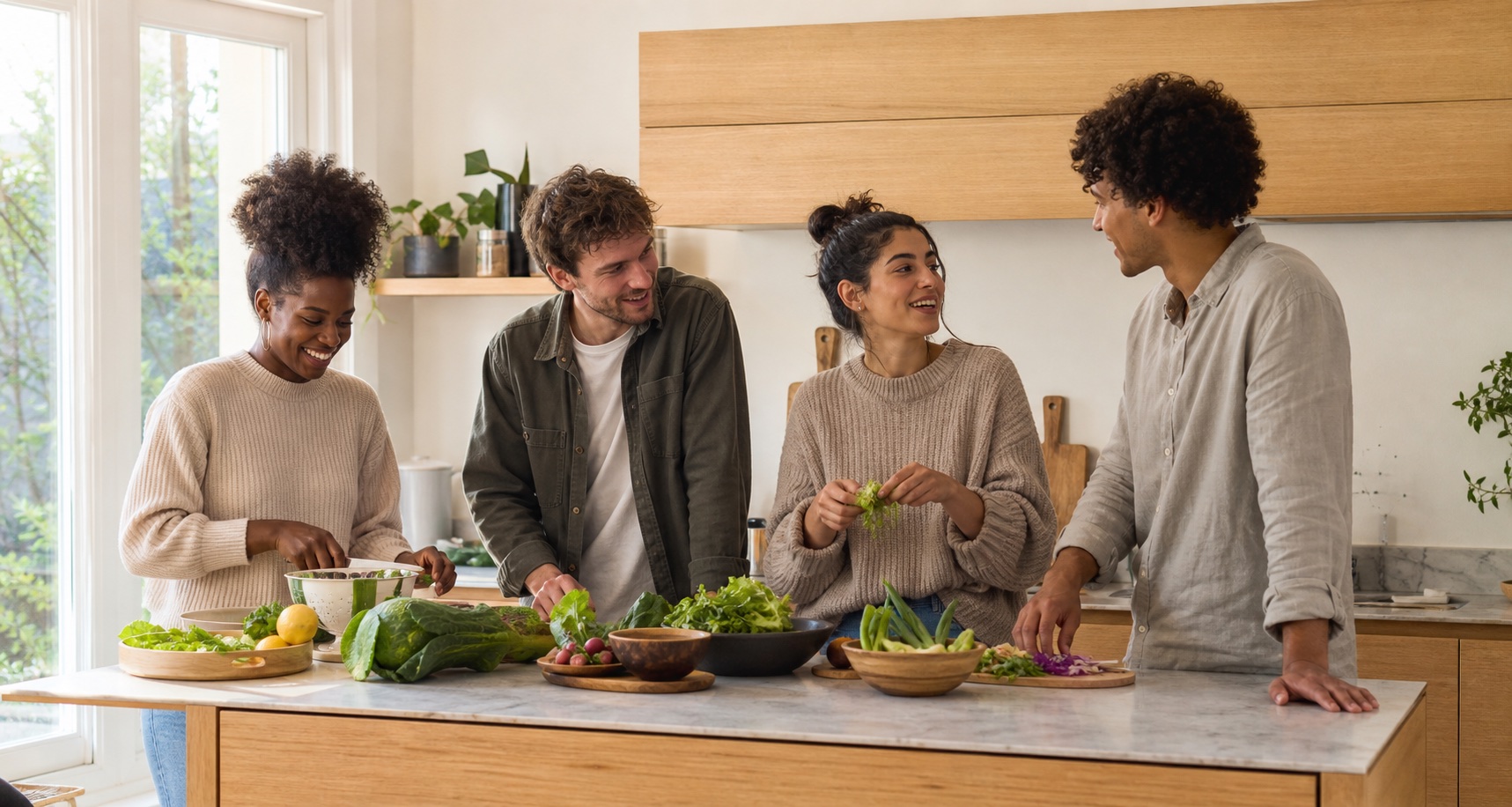 Vier jonge volwassenen met verschillende achtergronden koken samen rond een eiland