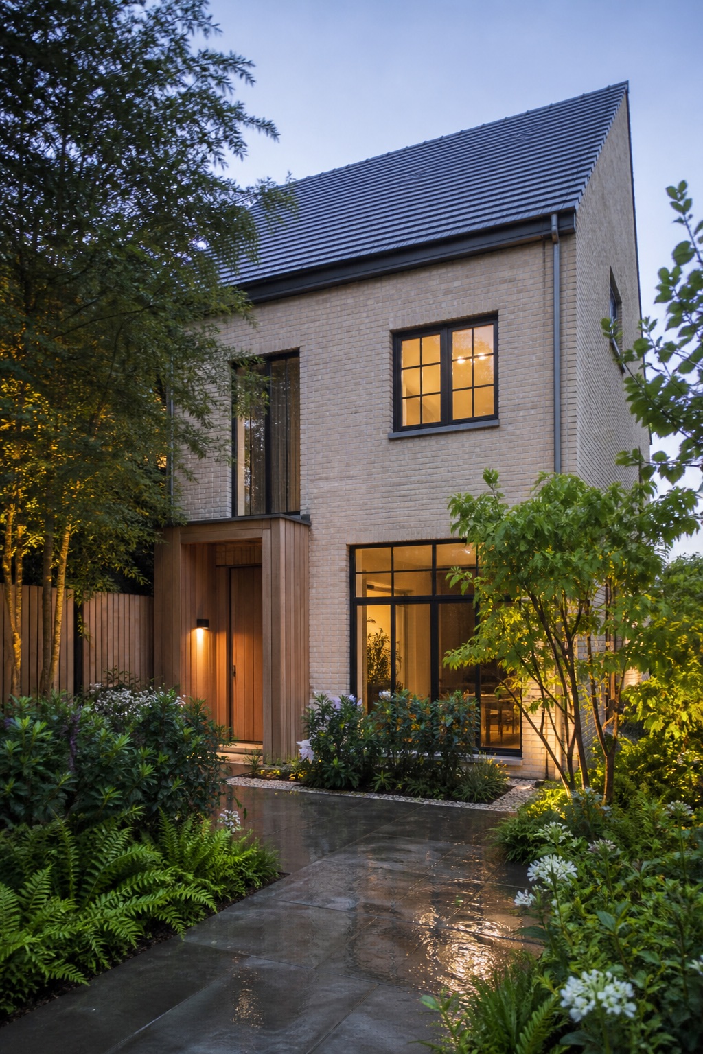Afgewerkte hedendaagse woning met volumes in hout, glas en lichte pleister