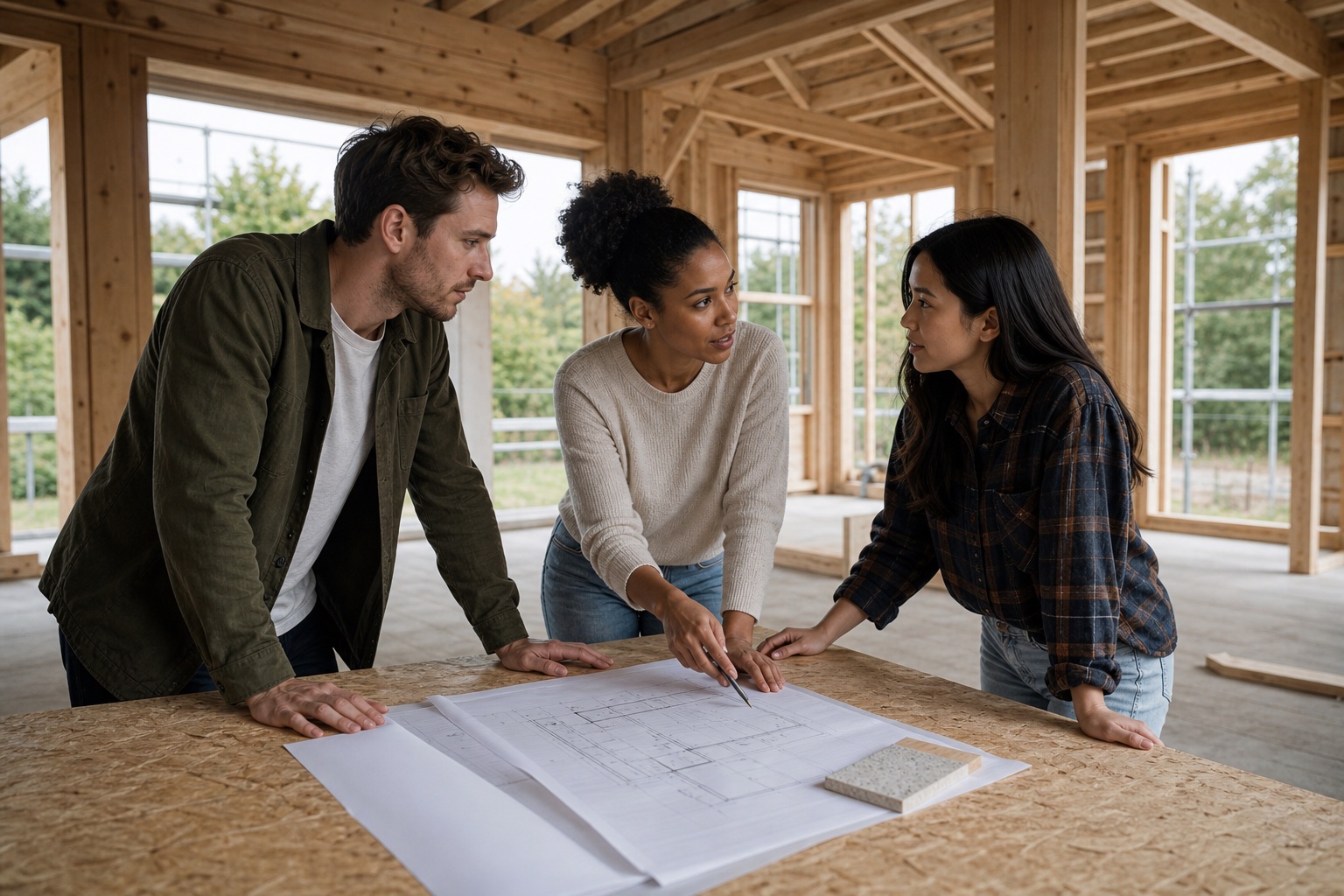 Drie jonge volwassenen met verschillende achtergronden bekijken de plannen van hun woning in aanbouw