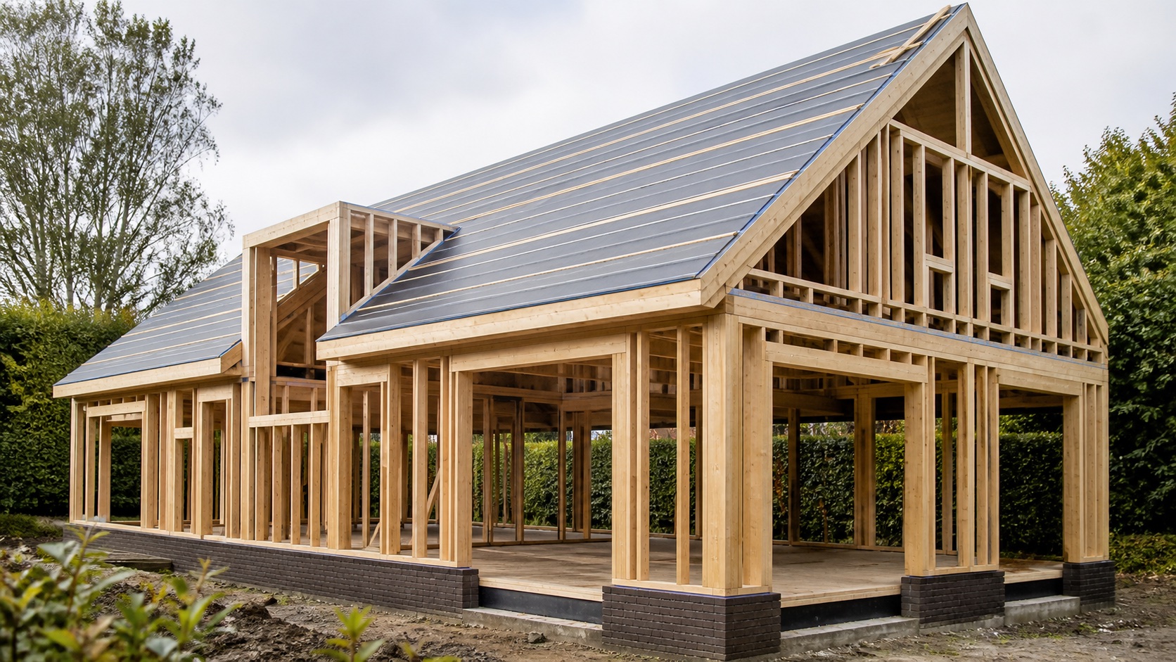 Maison belge à ossature bois en cours de construction